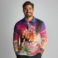 Kia Orana Cook Islands Long Sleeve Polo Shirt Sunset Dream LT7 - Polynesian Pride