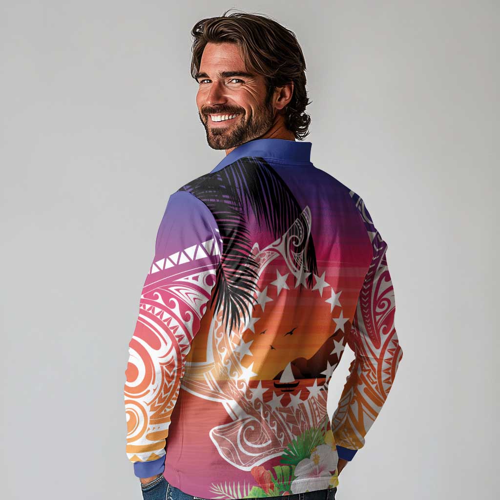 Kia Orana Cook Islands Long Sleeve Polo Shirt Sunset Dream LT7 - Polynesian Pride