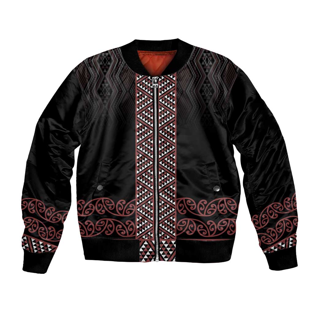 Maori Taniko Patterns Bomber Jacket Brown Niho Taniwha Mix Paatiki Motifs LT7 Unisex Brown - Polynesian Pride