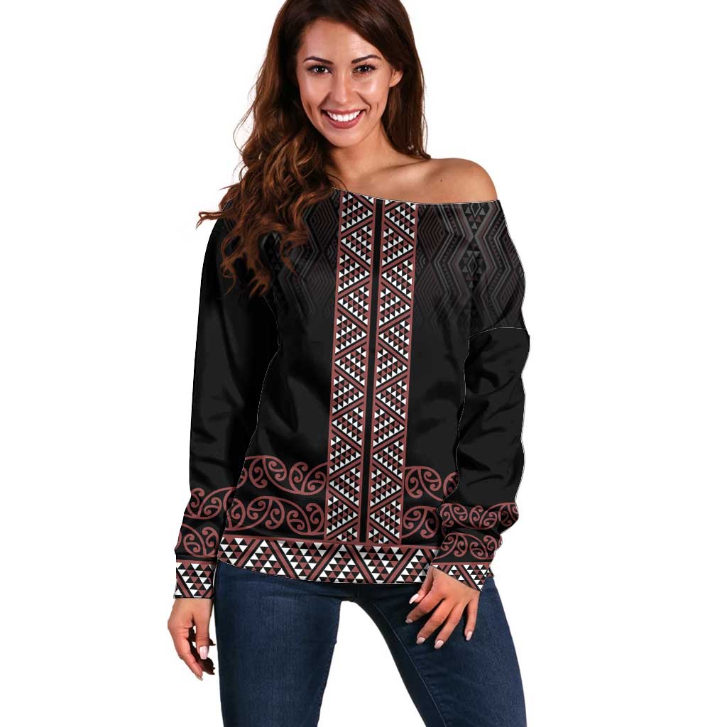 Maori Taniko Patterns Off Shoulder Sweater Brown Niho Taniwha Mix Paatiki Motifs LT7 Women Brown - Polynesian Pride