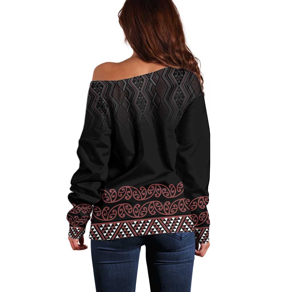Maori Taniko Patterns Off Shoulder Sweater Brown Niho Taniwha Mix Paatiki Motifs LT7 - Polynesian Pride