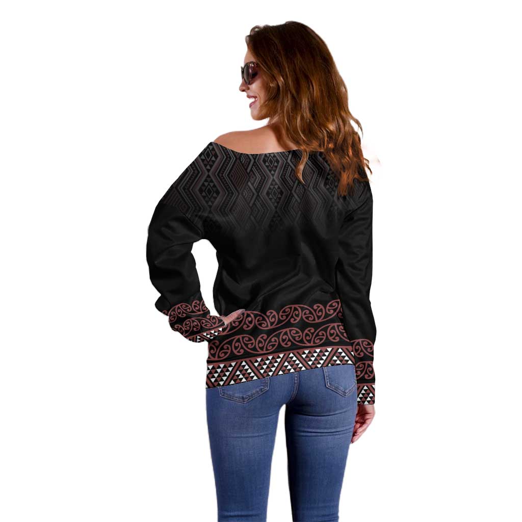 Maori Taniko Patterns Off Shoulder Sweater Brown Niho Taniwha Mix Paatiki Motifs LT7 - Polynesian Pride