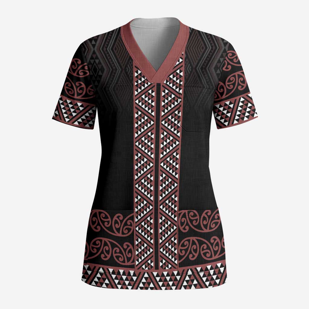 Maori Taniko Patterns Scrub Top Brown Niho Taniwha Mix Paatiki Motifs LT7 Adult Brown - Polynesian Pride