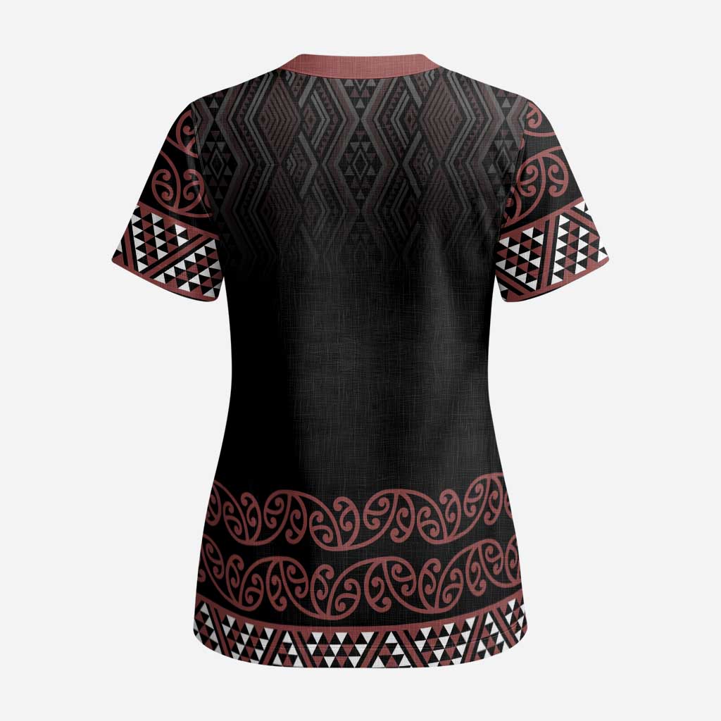 Maori Taniko Patterns Scrub Top Brown Niho Taniwha Mix Paatiki Motifs LT7 - Polynesian Pride
