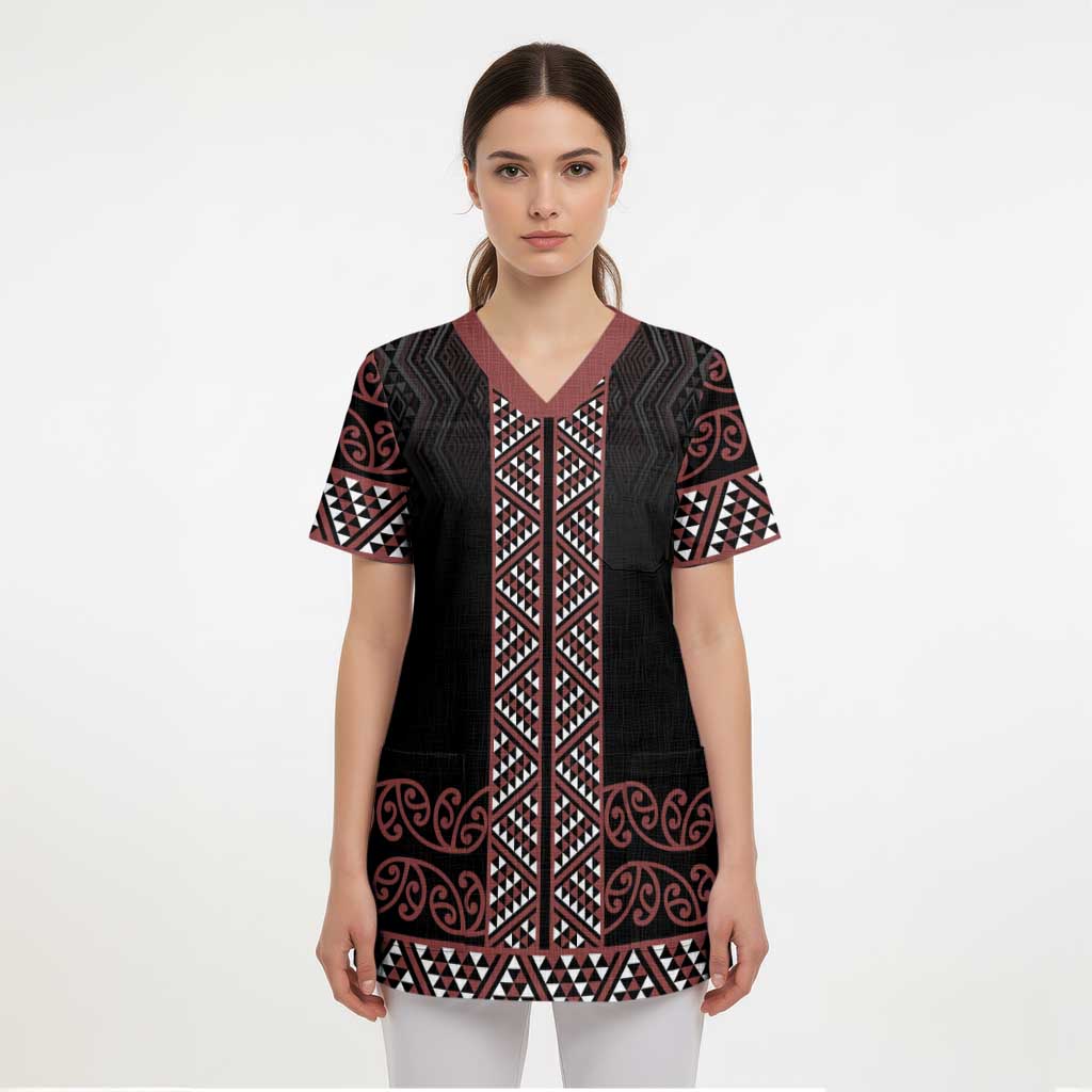 Maori Taniko Patterns Scrub Top Brown Niho Taniwha Mix Paatiki Motifs LT7 - Polynesian Pride