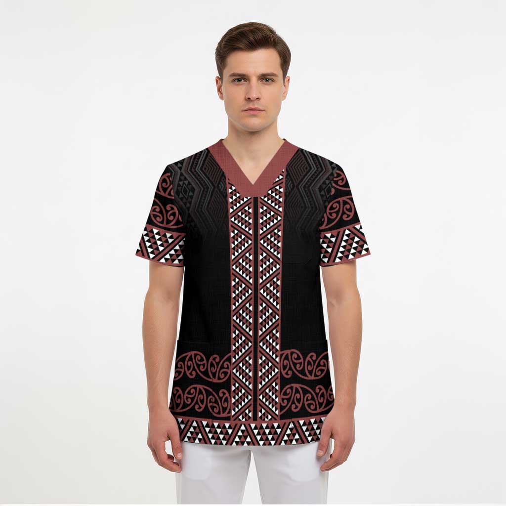 Maori Taniko Patterns Scrub Top Brown Niho Taniwha Mix Paatiki Motifs LT7 - Polynesian Pride
