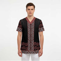 Maori Taniko Patterns Scrub Top Brown Niho Taniwha Mix Paatiki Motifs LT7 - Polynesian Pride