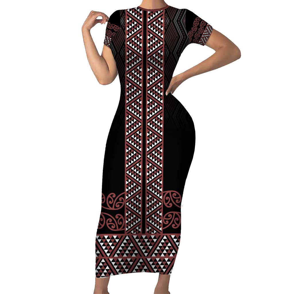 Maori Taniko Patterns Short Sleeve Bodycon Dress Brown Niho Taniwha Mix Paatiki Motifs LT7 Long Dress Brown - Polynesian Pride