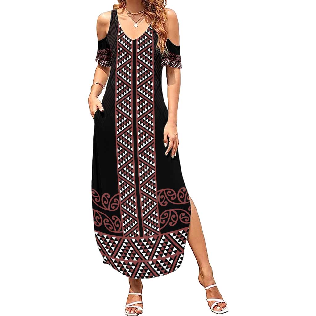 Maori Taniko Patterns Summer Maxi Dress Brown Niho Taniwha Mix Paatiki Motifs LT7 Women Brown - Polynesian Pride
