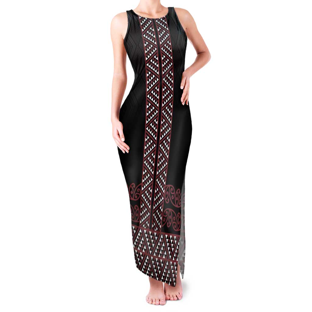 Maori Taniko Patterns Tank Maxi Dress Brown Niho Taniwha Mix Paatiki Motifs LT7 Women Brown - Polynesian Pride