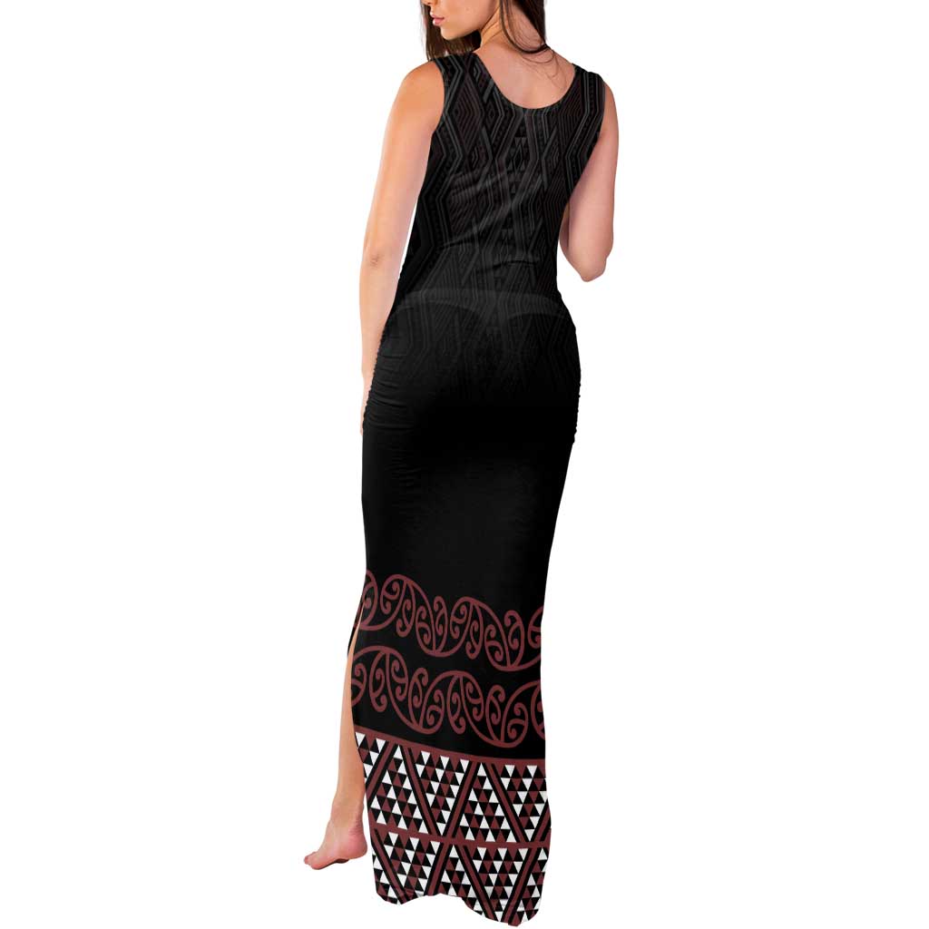 Maori Taniko Patterns Tank Maxi Dress Brown Niho Taniwha Mix Paatiki Motifs LT7 - Polynesian Pride