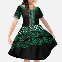 Maori Taniko Patterns Kid Short Sleeve Dress Pounamu Niho Taniwha Mix Paatiki Motifs LT7 KID Green - Polynesian Pride