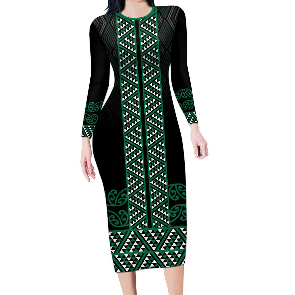 Maori Taniko Patterns Long Sleeve Bodycon Dress Pounamu Niho Taniwha Mix Paatiki Motifs LT7 Long Dress Green - Polynesian Pride
