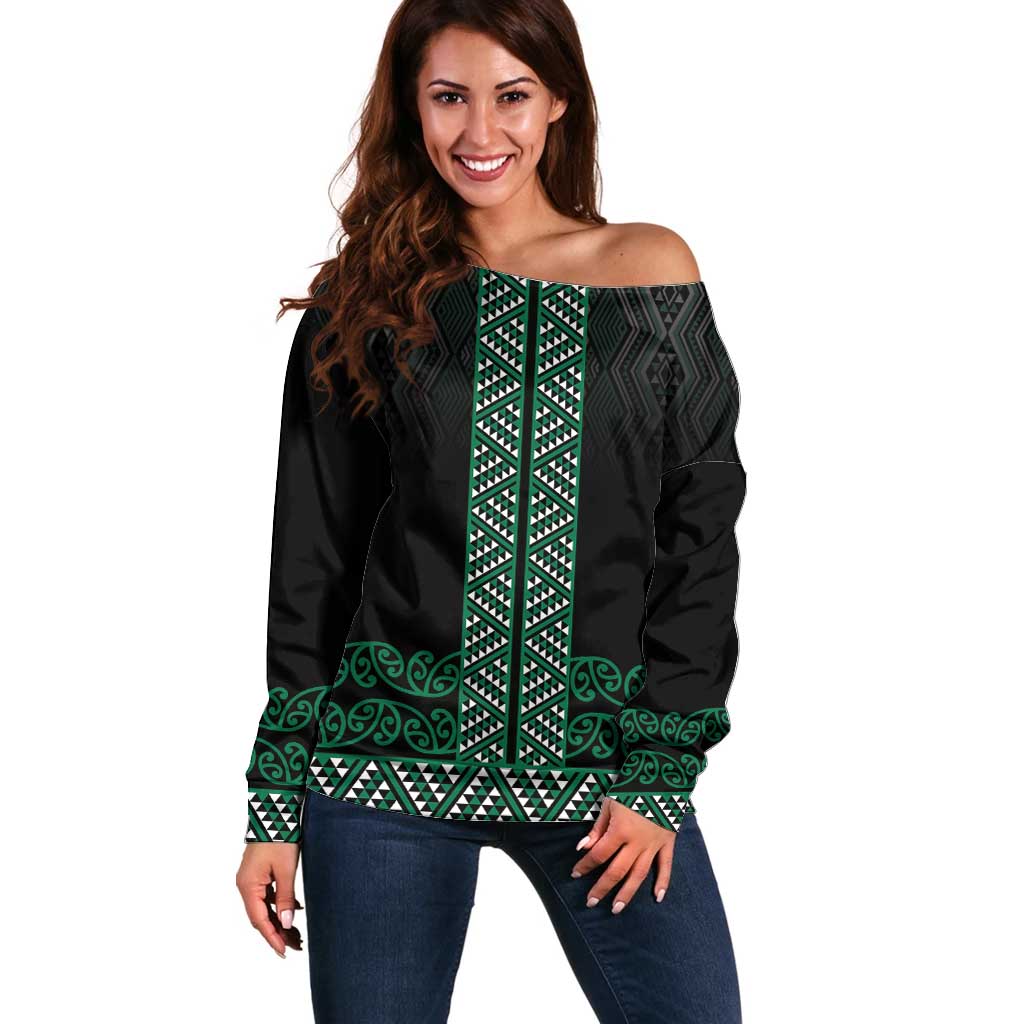 Maori Taniko Patterns Off Shoulder Sweater Pounamu Niho Taniwha Mix Paatiki Motifs LT7 Women Green - Polynesian Pride