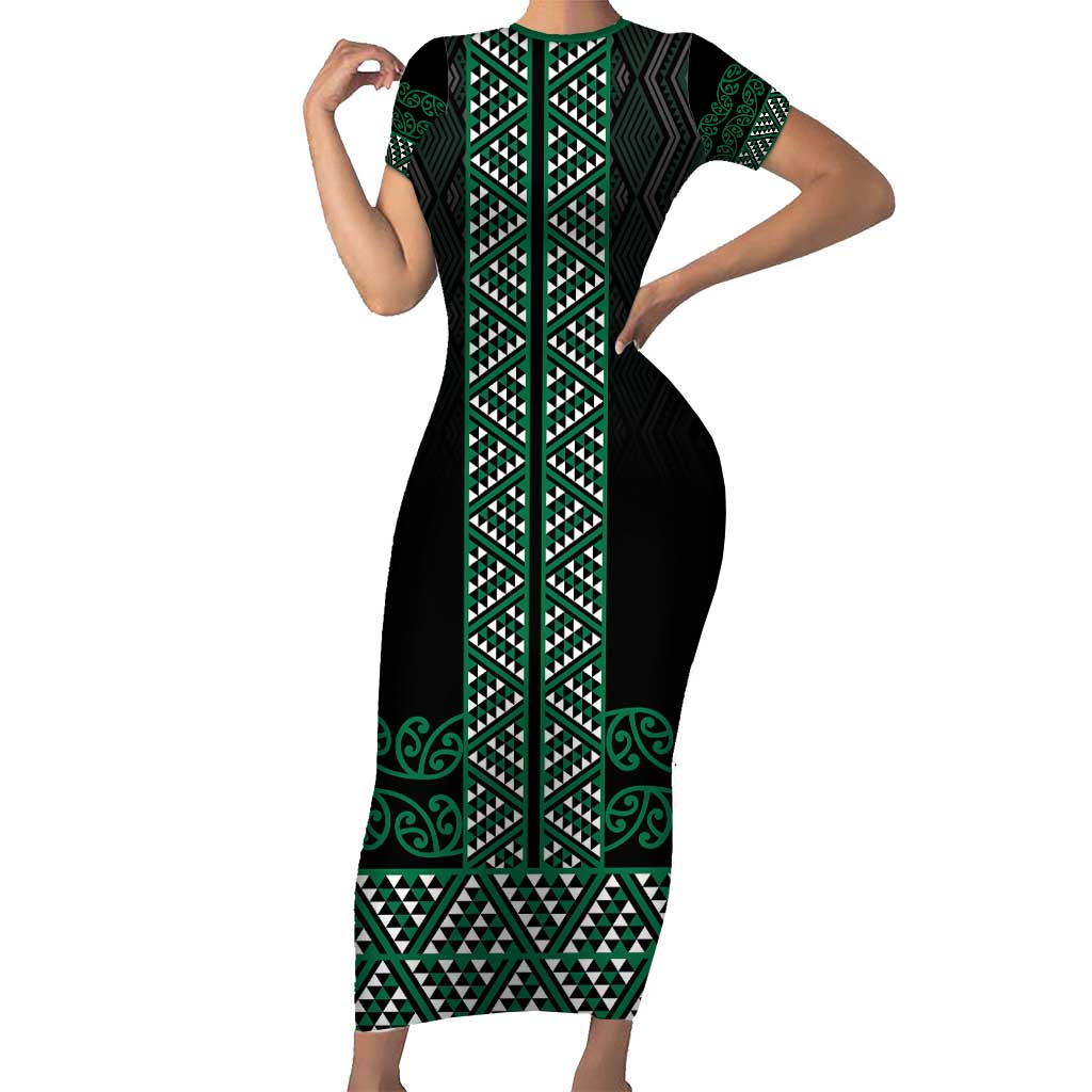 Maori Taniko Patterns Short Sleeve Bodycon Dress Pounamu Niho Taniwha Mix Paatiki Motifs LT7 Long Dress Green - Polynesian Pride