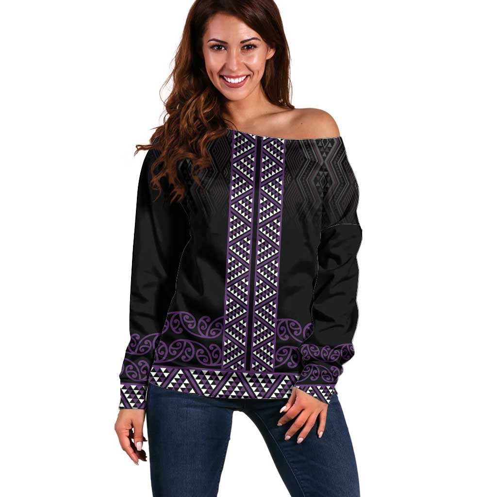 Maori Taniko Patterns Off Shoulder Sweater Purple Niho Taniwha Mix Paatiki Motifs LT7 Women Purple - Polynesian Pride