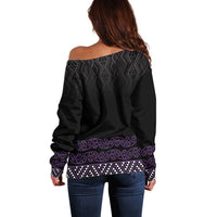Maori Taniko Patterns Off Shoulder Sweater Purple Niho Taniwha Mix Paatiki Motifs LT7 - Polynesian Pride