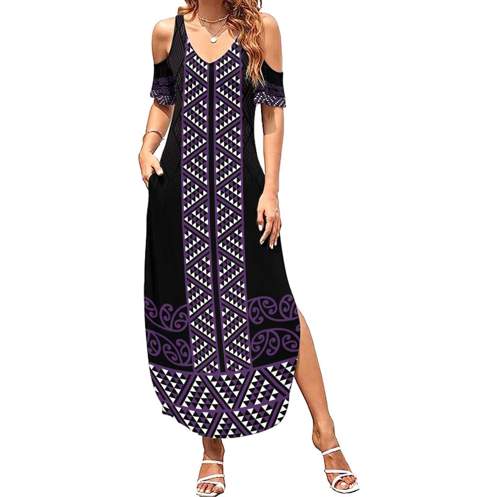 Maori Taniko Patterns Summer Maxi Dress Purple Niho Taniwha Mix Paatiki Motifs LT7 Women Purple - Polynesian Pride