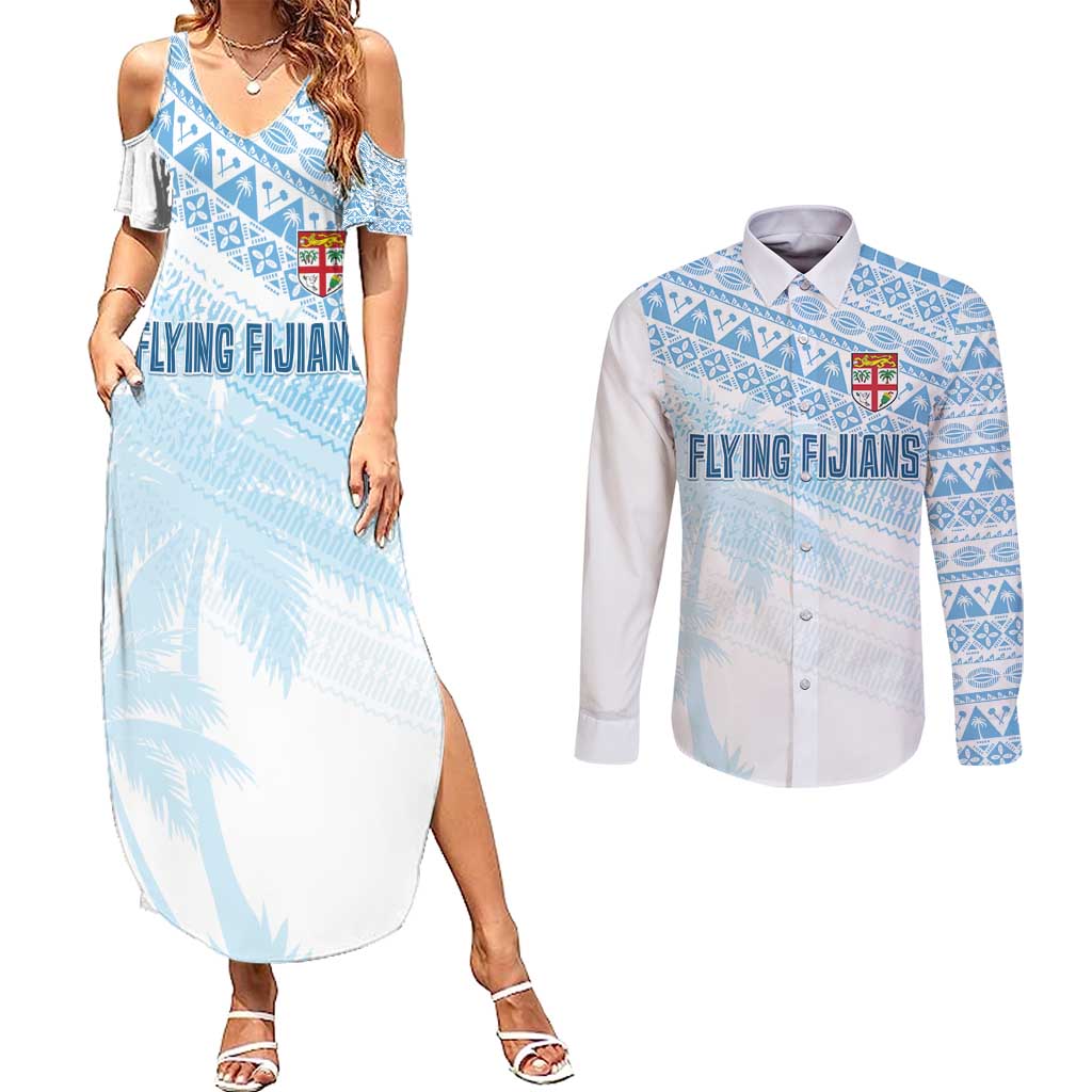 Fiji Rugby Custom Kaiviti Masi Couples Matching Summer Maxi Dress and Long Sleeve Button Shirt Turquoise LT7 Turquoise - Polynesian Pride