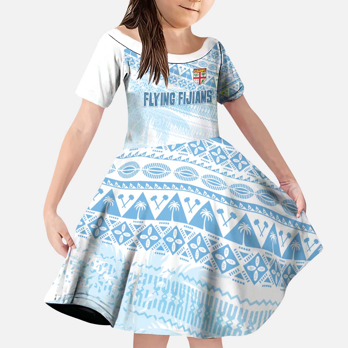 Fiji Rugby Custom Kaiviti Masi Kid Short Sleeve Dress Turquoise LT7 KID Turquoise - Polynesian Pride
