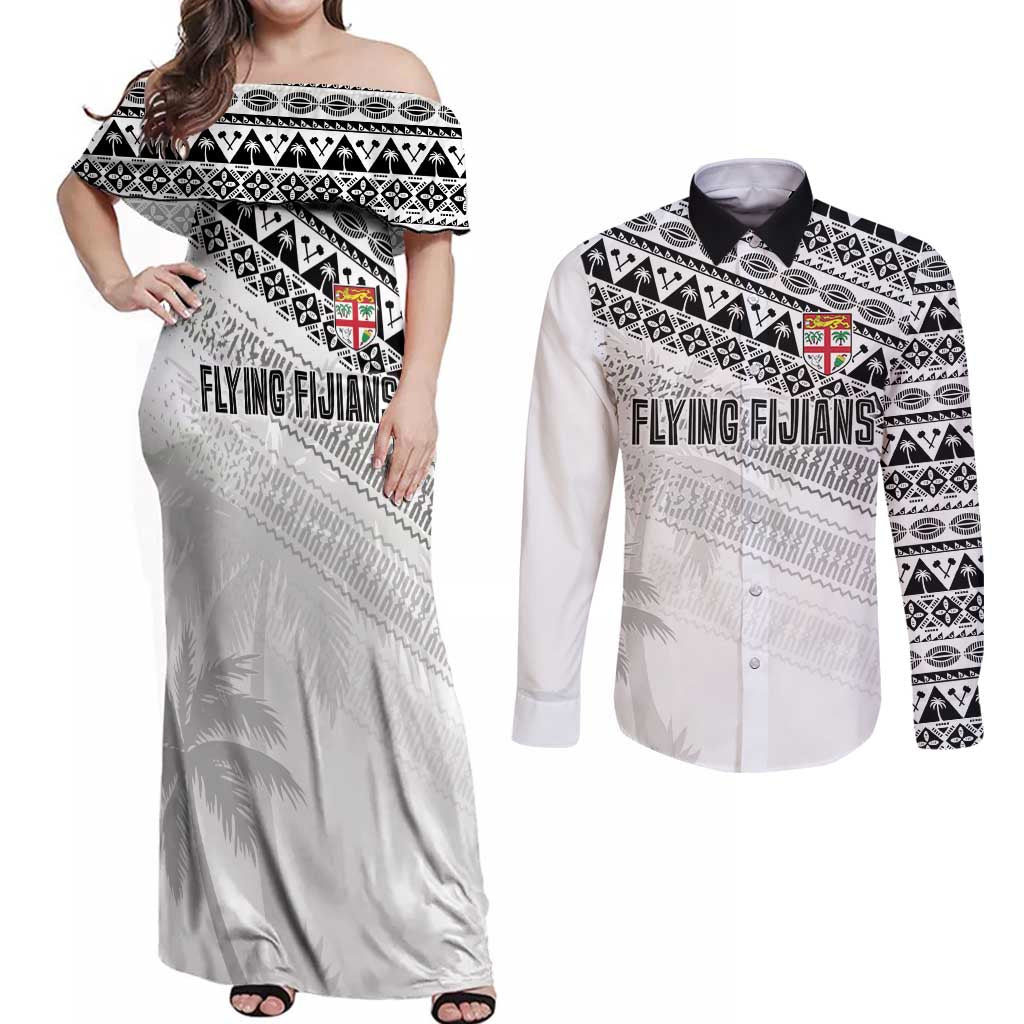 Fiji Rugby Custom Kaiviti Masi Couples Matching Off Shoulder Maxi Dress and Long Sleeve Button Shirt Black LT7 Black - Polynesian Pride