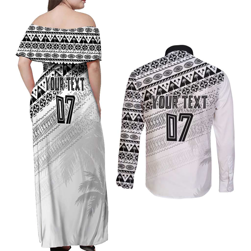 Fiji Rugby Custom Kaiviti Masi Couples Matching Off Shoulder Maxi Dress and Long Sleeve Button Shirt Black LT7 - Polynesian Pride