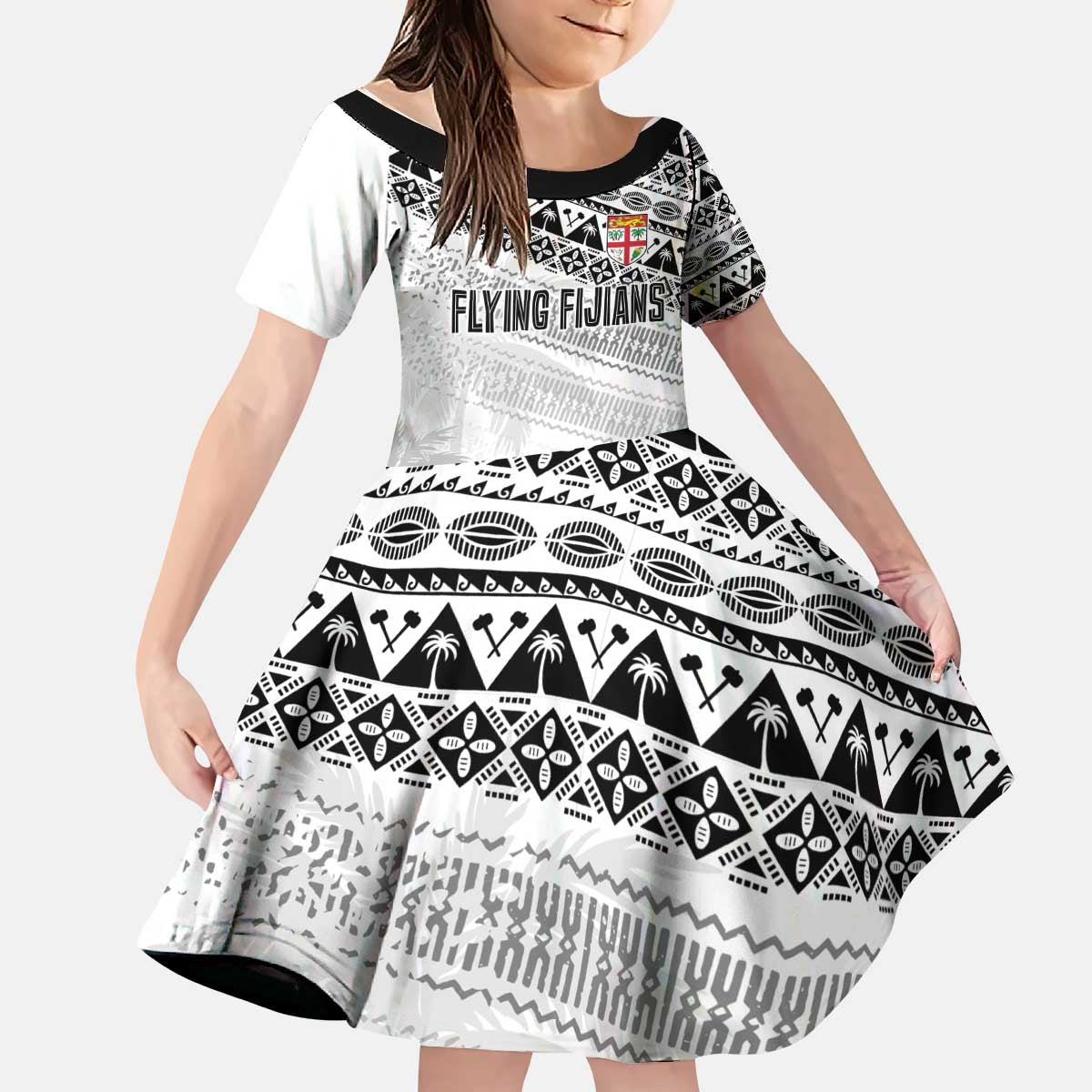 Fiji Rugby Custom Kaiviti Masi Kid Short Sleeve Dress Black LT7 KID Black - Polynesian Pride