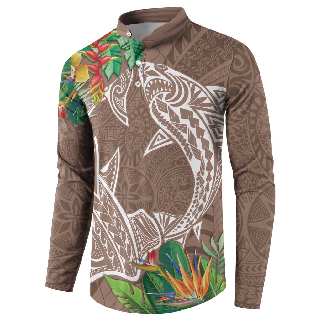 Polynesia Button Sweatshirt Sharks Duo Tropical Brown LT7 - Polynesian Pride