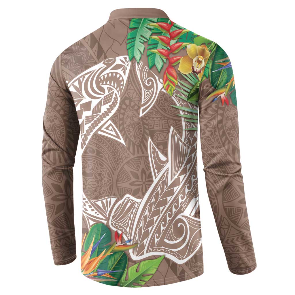 Polynesia Button Sweatshirt Sharks Duo Tropical Brown LT7 - Polynesian Pride