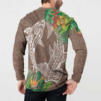Polynesia Button Sweatshirt Sharks Duo Tropical Brown LT7 - Polynesian Pride