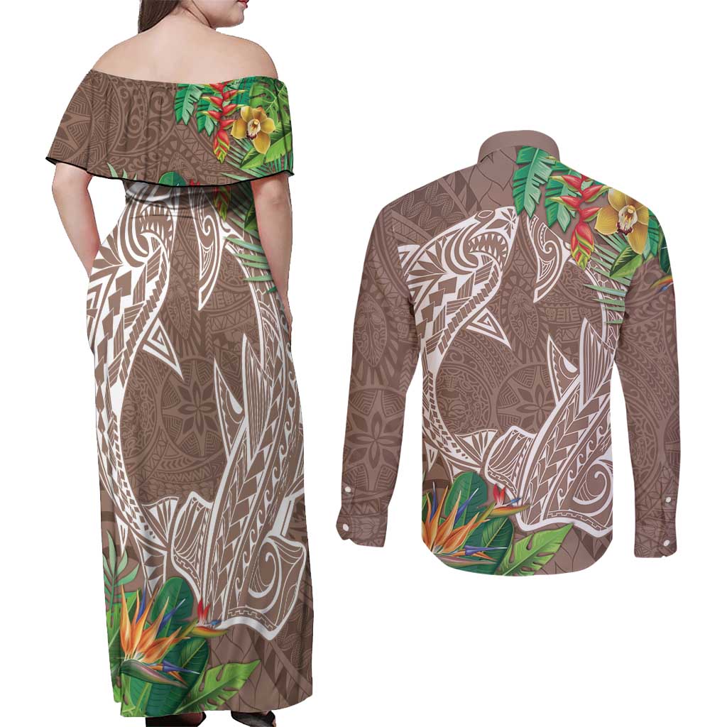 Polynesia Couples Matching Off Shoulder Maxi Dress and Long Sleeve Button Shirt Sharks Duo Tropical Brown LT7 - Polynesian Pride