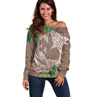 Polynesia Off Shoulder Sweater Sharks Duo Tropical Brown LT7 Women Brown - Polynesian Pride