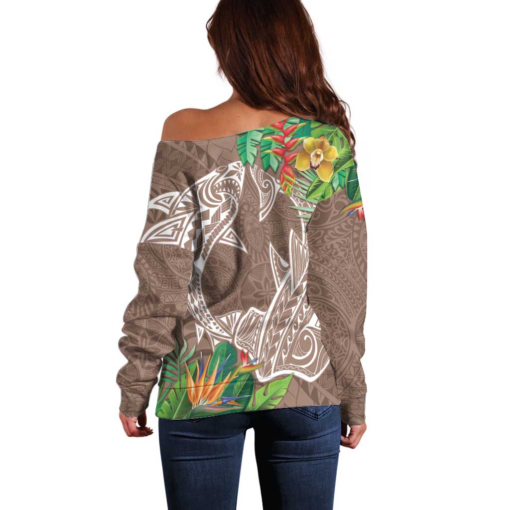 Polynesia Off Shoulder Sweater Sharks Duo Tropical Brown LT7 - Polynesian Pride
