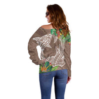 Polynesia Off Shoulder Sweater Sharks Duo Tropical Brown LT7 - Polynesian Pride