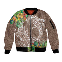 Polynesia Sleeve Zip Bomber Jacket Sharks Duo Tropical Brown LT7 Unisex Brown - Polynesian Pride