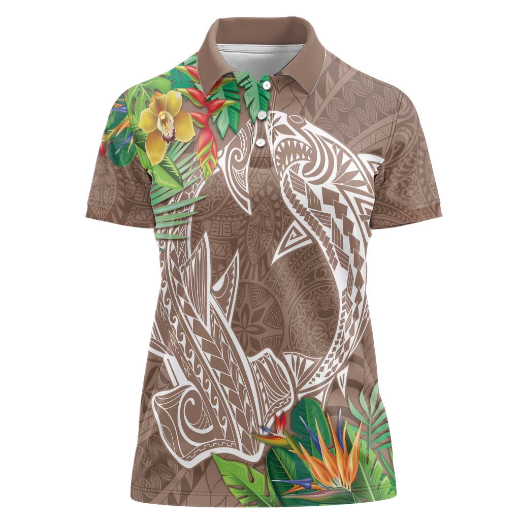 Polynesia Women Polo Shirt Sharks Duo Tropical Brown LT7 Female Brown - Polynesian Pride