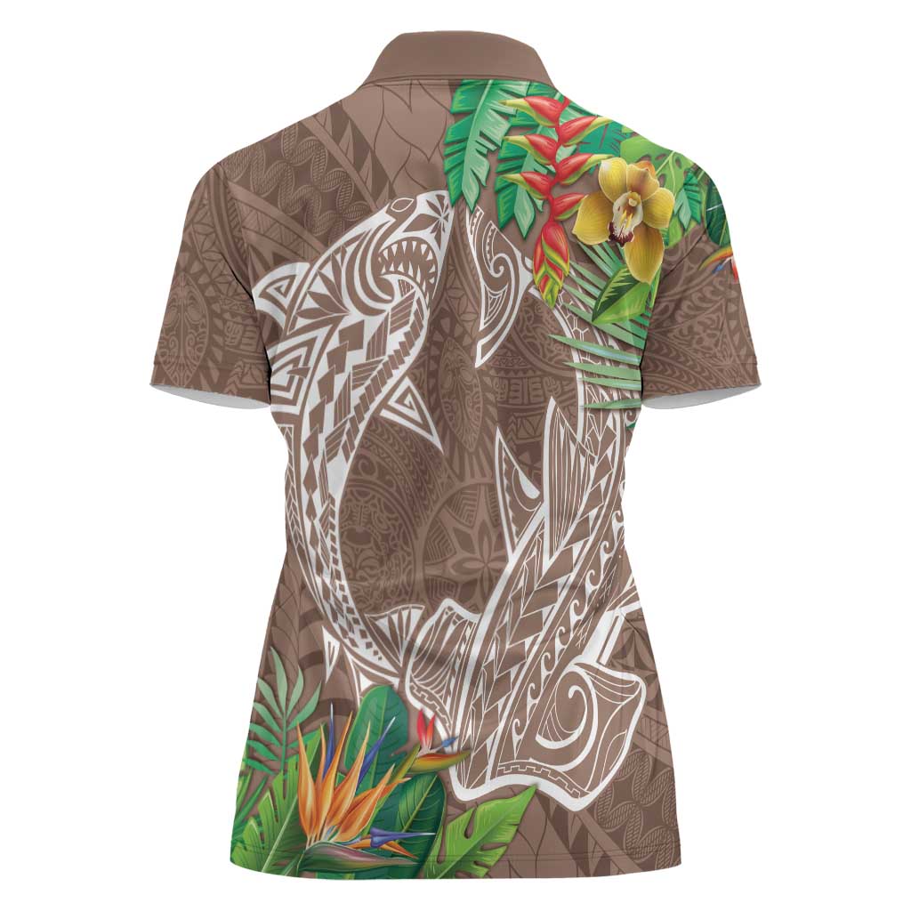 Polynesia Women Polo Shirt Sharks Duo Tropical Brown LT7 - Polynesian Pride
