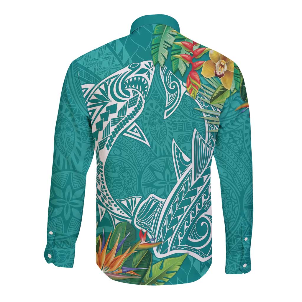 Polynesia Long Sleeve Button Shirt Sharks Duo Tropical Teal LT7 - Polynesian Pride