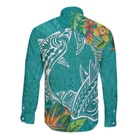 Polynesia Long Sleeve Button Shirt Sharks Duo Tropical Teal LT7 - Polynesian Pride