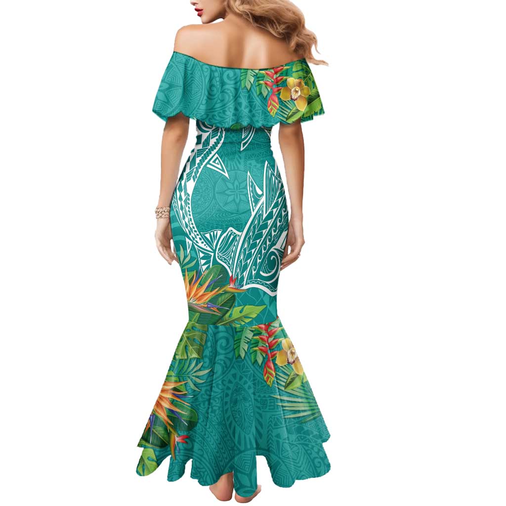Polynesia Mermaid Dress Sharks Duo Tropical Teal LT7 - Polynesian Pride