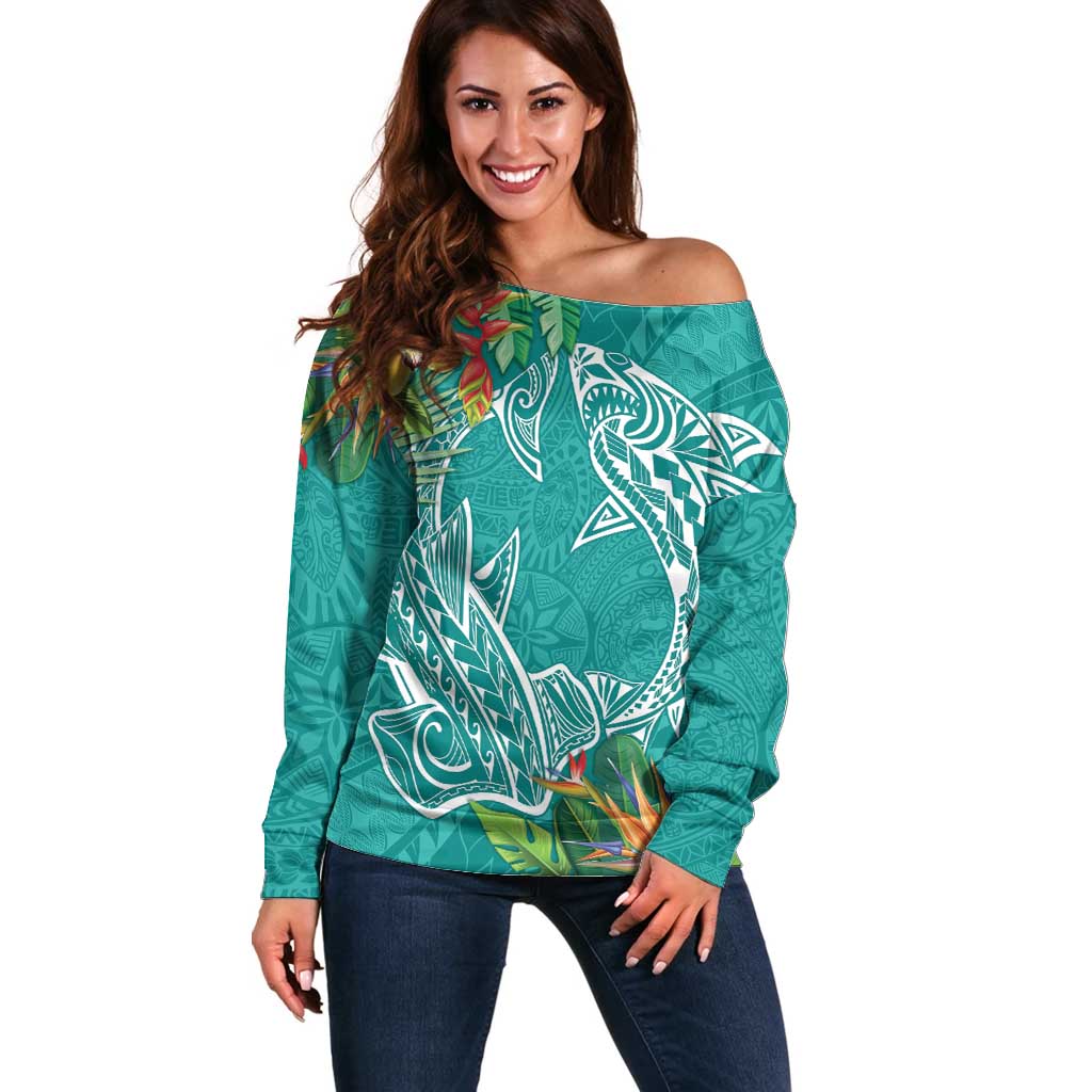 Polynesia Off Shoulder Sweater Sharks Duo Tropical Teal LT7 Women Teal - Polynesian Pride