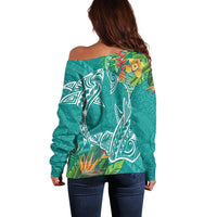 Polynesia Off Shoulder Sweater Sharks Duo Tropical Teal LT7 - Polynesian Pride
