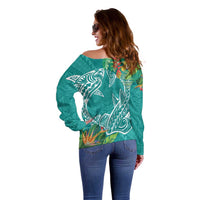 Polynesia Off Shoulder Sweater Sharks Duo Tropical Teal LT7 - Polynesian Pride