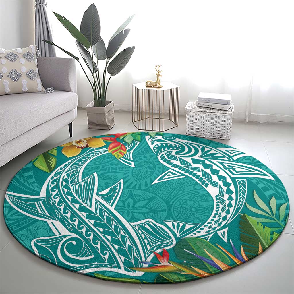 Polynesia Round Carpet Sharks Duo Tropical Teal LT7 - Polynesian Pride