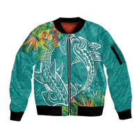 Polynesia Sleeve Zip Bomber Jacket Sharks Duo Tropical Teal LT7 Unisex Teal - Polynesian Pride