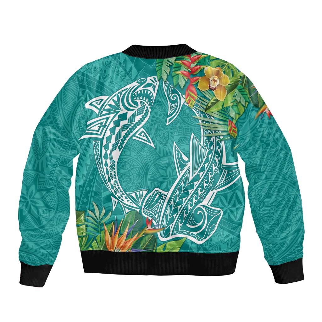 Polynesia Sleeve Zip Bomber Jacket Sharks Duo Tropical Teal LT7 - Polynesian Pride