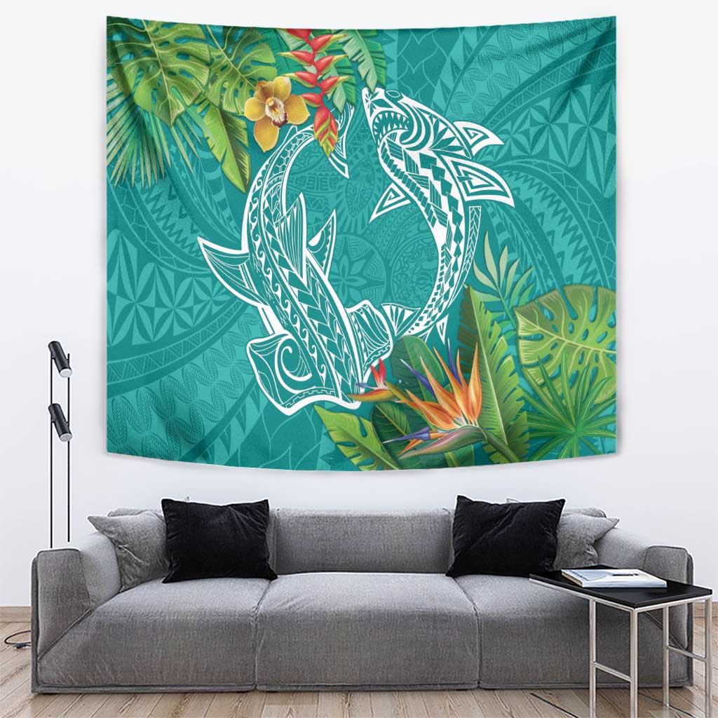 Polynesia Tapestry Sharks Duo Tropical Teal LT7 Teal - Polynesian Pride