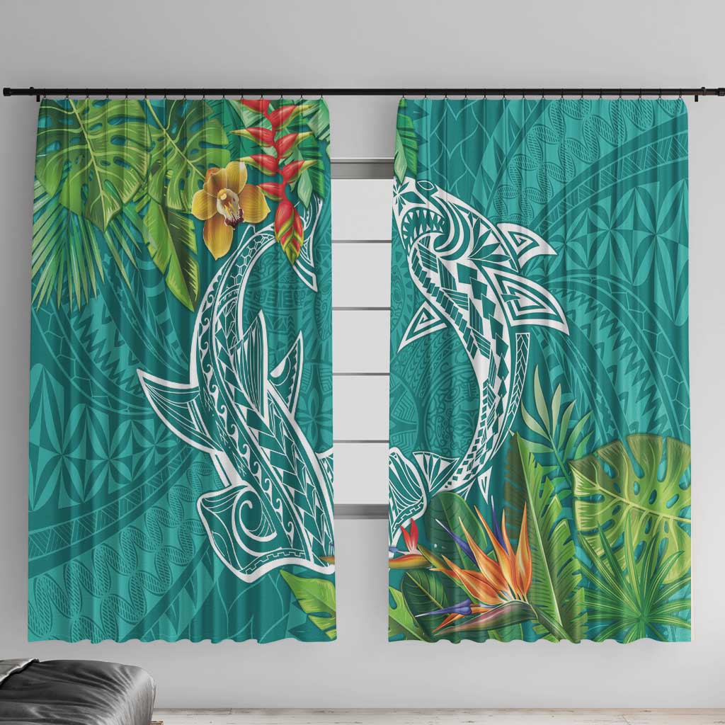 Polynesia Window Curtain Sharks Duo Tropical Teal LT7 With Hooks Teal - Polynesian Pride