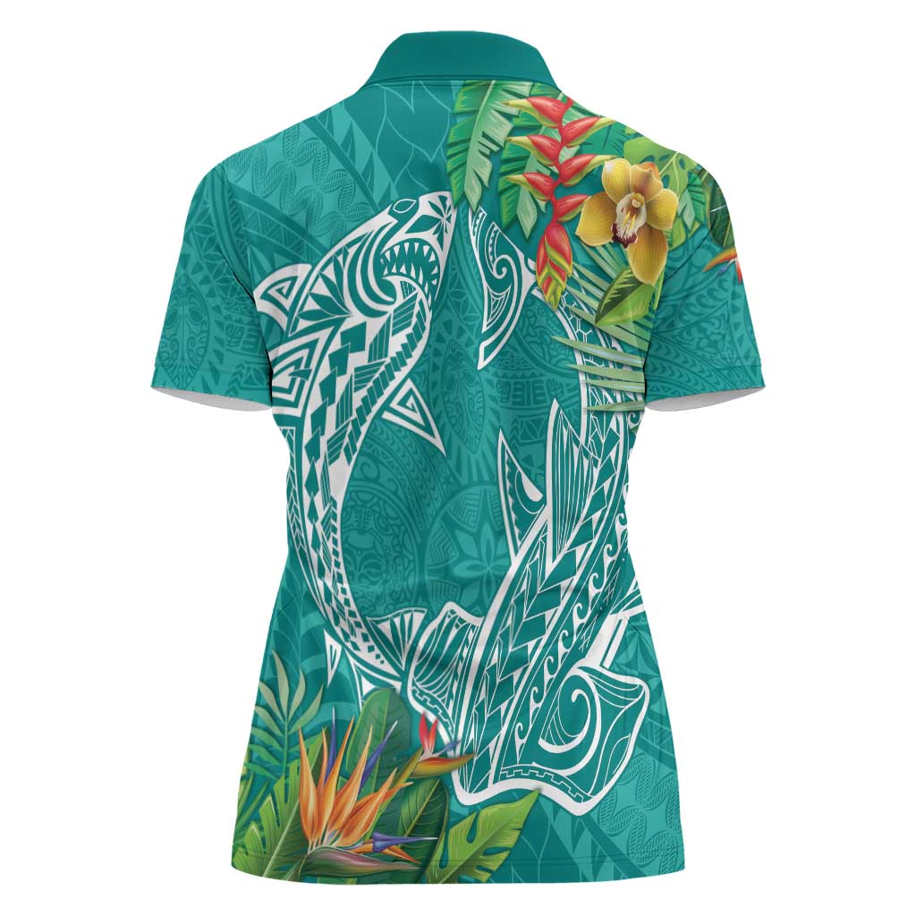 Polynesia Women Polo Shirt Sharks Duo Tropical Teal LT7 - Polynesian Pride