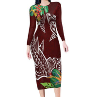Polynesia Long Sleeve Bodycon Dress Sharks Duo Tropical Oxblood LT7 Long Dress Oxblood - Polynesian Pride